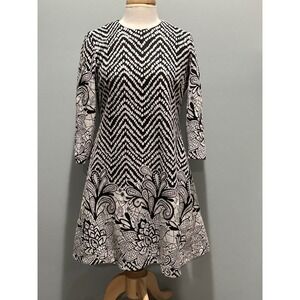 MSK Black White geometric floral abstract 3/4 sleeve dress size Large